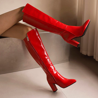 Women’s Faux Leather Knee Boots with High Block Heels