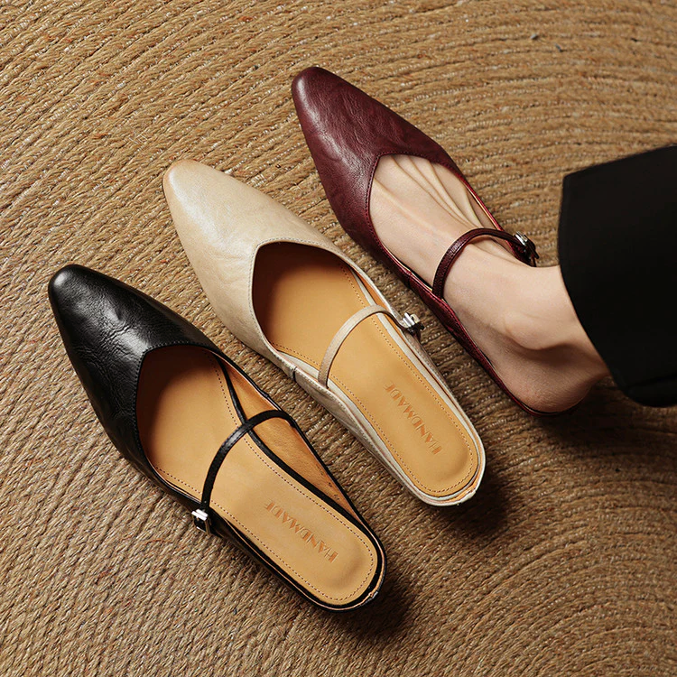 Women’s Genuine Leather Mules with Mary Jane Strap