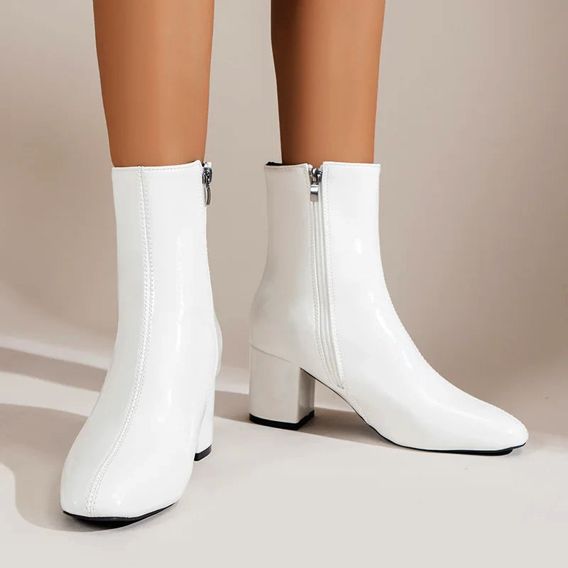 Women’s Glossy Ankle Boots with Side Zipper and Block Heel