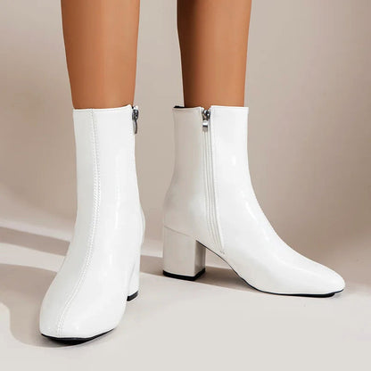 Women’s Glossy Ankle Boots with Side Zipper and Block Heel