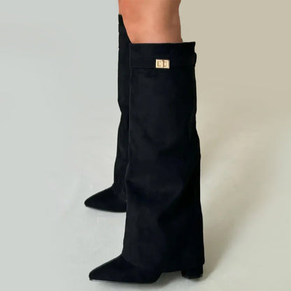 Women’s Knee-High Suede Boots with Fold-Over Cuff