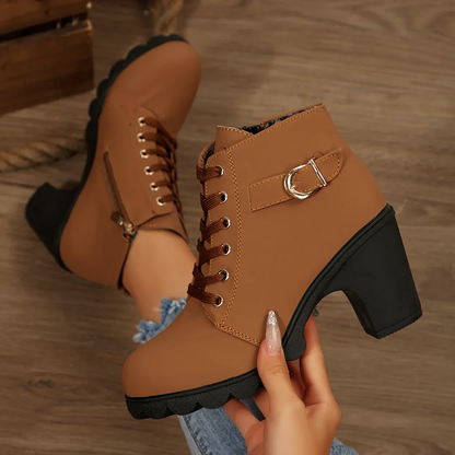 Women’s Lace-Up Boots with Chunky Heel and Zipper Closure