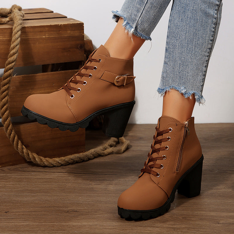 Women’s Lace-Up Boots with Chunky Heel and Zipper Closure