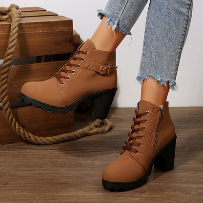Women’s Lace-Up Boots with Chunky Heel and Zipper Closure