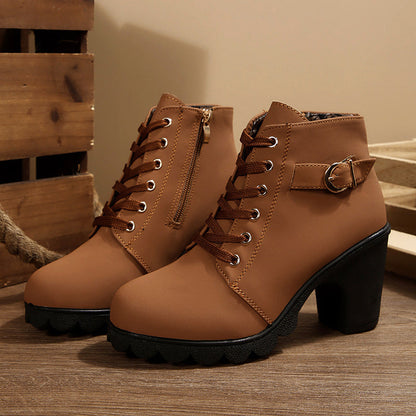Women’s Lace-Up Boots with Chunky Heel and Zipper Closure