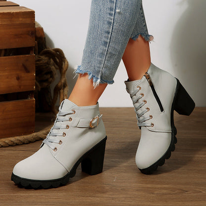 Women’s Lace-Up Boots with Chunky Heel and Zipper Closure