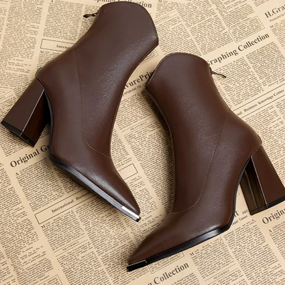 Women’s Pointed-Toe Ankle Leather Boots with Metal Tip