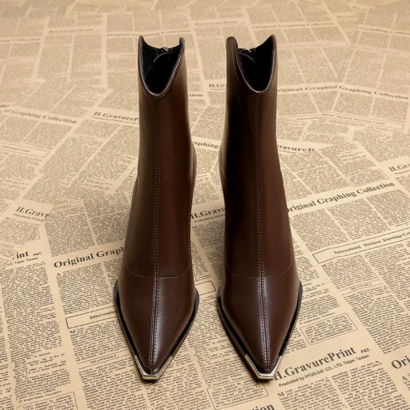 Women’s Pointed-Toe Ankle Leather Boots with Metal Tip